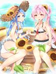  2girls absurdres bangs bikini blue_eyes blue_hair commentary_request eyebrows_visible_through_hair flower hair_between_eyes hair_flaps hair_flower hair_ornament harusame_(kantai_collection) hat highres kantai_collection long_hair looking_at_viewer multiple_girls navel open_mouth pink_hair red_eyes samidare_(kantai_collection) shanghmely side_ponytail sidelocks sitting straw_hat sunflower swept_bangs swimsuit triangle_mouth very_long_hair white_bikini 