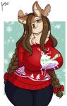  2018 absurd_res anthro braided_hair capreoline cervid christmas clothing female hair hi_res holidays jwinkz mammal olive_(rawk_manx) reindeer smile solo sweater thick_thighs topwear voluptuous wide_hips 