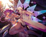  1girl blue_eyes braid breasts choujigen_game_neptune_the_animation elbow_gloves eyebrows_visible_through_hair gloves hair_ornament highres holding holding_sword holding_weapon long_hair navel neptune_(series) power_symbol purple_hair purple_heart small_breasts smile solo sword sxbzero thighhighs twin_braids twintails weapon white_gloves white_legwear wings 