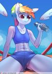  2019 abs blush bodily_fluids bottle bottomwear chrysalisdraws clothing equid equine female floating_wings friendship_is_magic hair hi_res mammal multicolored_hair muscular muscular_female my_little_pony ponytail pterippus purple_eyes pussy rainbow_dash_(mlp) rainbow_hair shorts solo sweat water water_bottle wings 