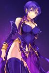  1girl bangle bangs bare_shoulders bracelet breasts cleavage closed_mouth commentary_request detached_collar detached_sleeves dress earrings elbow_gloves fire_emblem fire_emblem:_the_blazing_blade fire_emblem_heroes from_below gloves groin highres jewelry jurge large_breasts purple_background purple_eyes purple_hair serious short_hair side_slit sleeveless sleeveless_dress solo thighhighs thighs ursula_(fire_emblem) 