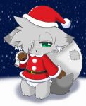  2018 absurd_res anthro bag belt canid canine christmas chrome_(character) clothed clothing costume diaper fur gloves green_eyes grey_fur handwear hat headgear headwear hi_res holidays male mammal open_mouth outside santa_costume santa_hat snow snowing solo young クロノ 