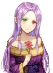  1girl closed_mouth commentary_request dress fire_emblem fire_emblem:_the_binding_blade flower green_eyes heterochromia holding holding_flower idunn_(fire_emblem) jurge long_hair long_sleeves mamkute pointy_ears purple_hair red_eyes sidelocks simple_background smile solo strapless strapless_dress upper_body white_background wide_sleeves 