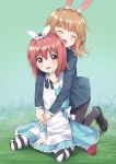  2girls :d akaza_akari animal_ears apron black_footwear blue_dress blush brown_hair bunny_ears commentary_request dress eyebrows_visible_through_hair fake_animal_ears grass hair_between_eyes hair_ribbon highres hug hug_from_behind long_hair long_sleeves multiple_girls nazuna_(nazuna_a2) on_ground oomuro_sakurako open_mouth red_eyes red_hair ribbon sitting smile striped striped_legwear v-shaped_eyebrows white_apron white_ribbon yuru_yuri 