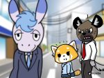  2019 4:3 aggressive_retsuko ailurid angry anime anthro asinus black_tie_(suit) blue_sky building city clothing depth_of_field digital_media_(artwork) distracted_boyfriend_meme donkey equid equine female fur haida hair hi_res humor hyaenid japan male mammal meme necktie parody poker_(artist) red_panda retsuko sanrio sky smile spotted_hyena suit tadano_(aggretsuko) toony 