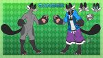  2018 4_fingers 4_toes absurd_res alien alternate_version_at_source antennae_(anatomy) anthro big_hands black_hair black_tail border bottomwear character_name claws clothed clothing dewott disney experiment_(lilo_and_stitch) eyebrows eyewear fan_character featureless_crotch fingers ganger glasses gloves_(marking) glowing glowing_eyes green_background green_border green_eyes grey_body grin hair headphones hi_res hoodie kokoro-doll leg_markings lilo_and_stitch looking_at_viewer lycanroc male markings midnight_lycanroc model_sheet navel nintendo nipples nude open_mouth open_smile outline pattern_background pawpads pink_nipples pink_nose pink_pawpads pok&eacute;mon pok&eacute;mon_(species) pok&eacute;morph red_eyes shorts simple_background smile socks_(marking) standing toe_claws toes topwear video_games watermark whiskers white_claws 