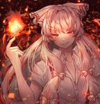  1girl absurdres arm_up bangs burning_hand collarbone dandelion_girl embers eyebrows_visible_through_hair fiery_background fire fujiwara_no_mokou furrowed_eyebrows grin hair_intakes hair_ribbon highres index_finger_raised leaning_to_the_side long_hair looking_at_viewer red_eyes ribbon shirt short_sleeves sidelocks silver_hair smile solo suspenders touhou tress_ribbon tsurime upper_body very_long_hair white_shirt 