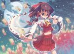  aliasing blue_eyes brown_hair hakurei_reimu japanese_clothes miko moon naox navel ofuda short_hair sky touhou 