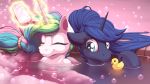  16:9 2019 4k absurd_res bubble duo equid eyes_closed female friendship_is_magic hi_res hooves horn mammal my_little_pony ohemo partially_submerged pouring princess_celestia_(mlp) princess_luna_(mlp) rubber_duck sibling sister sisters unicorn water 