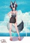  1girl absurdres alternate_costume animal_ear_fluff animal_ears bangs bare_arms bare_shoulders black_choker black_hair black_skirt blue_eyes blue_sky breasts casual choker cleavage cloud commentary day fang fang_out flower full_body grey_hair grey_wolf_(kemono_friends) hair_between_eyes hair_flower hair_ornament hand_on_hip hand_on_own_thigh heterochromia highres jewelry kemono_friends looking_at_viewer medium_breasts multicolored_hair necklace outdoors ponta_(matsuokazieg) railing red_footwear shoes short_hair signature silver_hair skirt sky sleeveless smile solo standing streaked_hair tail two_side_up water wolf_ears wolf_tail yellow_eyes 