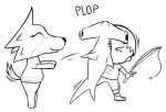  2019 animal_crossing canid canine canis clothed clothing digital_media_(artwork) dullpoint duo female fin fish freya_(animal_crossing) fur ground_shark hair hammerhead_shark human male mammal marine monochrome nintendo shark simple_background smile standing text video_games villager_(animal_crossing) wolf 