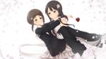  2girls absurdres black_pants blazer blush bride brown_eyes brown_hair carrying closed_mouth commentary dress elbow_gloves flower formal gloves groom hair_flower hair_ornament highres holding holding_flower itaro jacket kagajou_suzume kusunoki_mebuki kusunoki_mebuki_wa_yuusha_de_aru long_hair looking_at_another low_twintails multiple_girls pants princess_carry purple_eyes red_flower red_rose rose short_hair_with_long_locks smile suit twintails wedding_dress white_background white_flower white_gloves white_rose yuusha_de_aru 