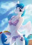  2019 5_fingers absurd_res anthro bikini blue_eyes blue_hair breasts clothed clothing cutie_mark day detailed_background digital_media_(artwork) equid equine fan_character feathered_wings feathers female fingers hair hi_res mammal my_little_pony outside pterippus silentwulv sky solo swimwear white_feathers wings 