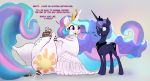  2019 absurd_res bodily_fluids cake crown cutie_mark dialogue duo eating english_text equid female feral food friendship_is_magic hair hi_res horn mammal multicolored_hair my_little_pony obese overweight princess_celestia_(mlp) princess_luna_(mlp) saliva sibling sister sisters text winged_unicorn wings xbi 