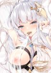  1girl 218 absurdres animal_ears arm_up armpits bangs blue_eyes blunt_bangs blush breasts closed_mouth elbow_gloves erune eyebrows_visible_through_hair fingerless_gloves gloves granblue_fantasy hair_ornament highres korwa large_breasts lips long_hair looking_at_viewer mouth_hold nipples silver_hair smile solo sweat tape_measure white_gloves 
