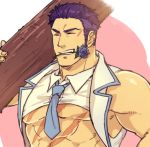  1boy abs bara chest fate/grand_order fate_(series) fergus_mac_roich_(fate/grand_order) flower flower_in_mouth hand_on_hip male_focus muscle necktie open_clothes pectorals purple_flower purple_hair scar simple_background smile solo teeth yamanome 
