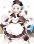  1girl blurry blurry_background blush breasts gloves hair_ornament hat heterochromia highres kagura_mea kagura_mea_channel large_breasts long_hair manio military_hat open_mouth pantyhose reaching_out silver_hair simple_background solo twintails virtual_youtuber white_gloves white_legwear 