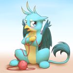  1:1 2019 avian beak blush crossed_arms feathered_wings feathers friendship_is_magic gallus_(mlp) gradient_background gryphon hi_res looking_at_viewer male my_little_pony ohemo open_beak open_mouth simple_background solo wings yarn_ball 
