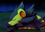  alternate_color ambiguous_gender claws detailed_background digital_media_(artwork) eyes_closed feral fur glistening grass hi_res landscape luxray lying mountain night nintendo on_ground outside paws pok&eacute;mon pok&eacute;mon_(species) sky sleeping solo star sternenziege video_games white_claws 