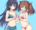  2girls asa_project bikini black_hair blush breasts brown_hair cleavage cropped cyan green_eyes kozeki_momoko long_hair mihama_saki navel purple_eyes ren&#039;ai_karichaimashita swimsuit twintails waifu2x yuuki_rika 