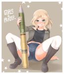  1girl :p absurdres arakawa_tarou arm_support black_footwear black_shirt blonde_hair blue_eyes blue_shorts blush boots brown_background brown_jacket closed_mouth copyright_name cutoffs denim denim_shorts girls_und_panzer hair_intakes highres holding jacket kay_(girls_und_panzer) leaning_back long_hair long_sleeves looking_at_viewer military military_uniform open_clothes open_jacket saunders_military_uniform shirt short_shorts shorts sitting smile solo spread_legs star starry_background tank_shell thighhighs tongue tongue_out uniform white_legwear 