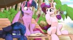  16:9 2018 4k absurd_res book camera cutie_mark detailed_background equid eyelashes feathered_wings feathers female friendship_is_magic group half-closed_eyes hi_res horn mammal my_little_pony ohemo outside princess_cadance_(mlp) princess_luna_(mlp) purple_eyes smile tree twilight_sparkle_(mlp) unicorn water winged_unicorn wings 