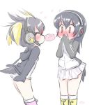  2girls ^_^ arms_at_sides bangs black_hair blonde_hair blush boots brown_eyes closed_eyes covering_mouth embarrassed eyebrows_visible_through_hair facing_another flustered food food_in_mouth full-face_blush gentoo_penguin_(kemono_friends) hair_between_eyes headphones heart hood hood_down hoodie japari_bun kemono_friends knee_boots kneehighs listening long_hair looking_at_another mouth_hold multicolored_hair multiple_girls panties penguin_tail pink_footwear red_hair rockhopper_penguin_(kemono_friends) short_hair simple_background skirt tail two_side_up uho_(uhoyoshi-o) underwear white_background white_legwear white_panties white_skirt yellow_footwear yuri 