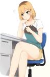  1girl blonde_hair brown_hair collarbone collared_jacket crossed_legs green_eyes halterneck holding holding_pencil looking_to_the_side miniskirt miyamori_aoi multicolored_hair pencil shirobako shirt short_hair short_sleeves simple_background sitting skirt solo tahita1874 two-tone_hair white_background white_sleeves yellow_skirt 