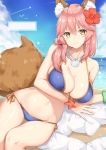  1girl animal_ear_fluff animal_ears bangs bare_shoulders bikini blue_bikini blue_sky blush bow breasts brown_eyes cleavage closed_mouth cloud collarbone commentary_request day eyebrows_visible_through_hair fate/grand_order fate_(series) flower fox_ears fox_girl fox_tail groin hair_between_eyes hair_flower hair_ornament highres jacket jacket_removed jewelry large_breasts long_hair looking_at_viewer navel necklace ocean outdoors pink_hair side-tie_bikini sidelocks sky solo sparkle strap_gap swimsuit tail tail_raised tamamo_(fate)_(all) tamamo_no_mae_(swimsuit_lancer)_(fate) water white_jacket yuzu-aki 