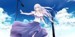  1girl :d alternate_costume blue_skirt blue_sky casual cloud collarbone cosmicsnic emilia_(re:zero) floating_hair hair_ornament highres long_hair long_skirt looking_at_viewer off-shoulder_shirt off_shoulder open_mouth outdoors outstretched_arm purple_eyes re:zero_kara_hajimeru_isekai_seikatsu shirt silver_hair skirt sky smile solo standing very_long_hair white_shirt 