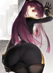  1girl arm_up ass bangs blush breasts closed_mouth commentary dress dutch_angle eyebrows_visible_through_hair from_behind girls_frontline gloves hand_on_own_ass highres long_hair long_sleeves looking_at_viewer looking_back medium_breasts nakamura_takeshi panties panties_under_pantyhose pantyhose pantylines purple_eyes purple_hair shiny shiny_hair short_dress simple_background solo thighs tied_hair underwear wa2000_(girls_frontline) 