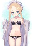  1girl abigail_williams_(fate/grand_order) alternate_costume ass_visible_through_thighs bangs bell_(oppore_coppore) black_bra black_panties blonde_hair blue_eyes blush bra breasts closed_mouth collarbone commentary_request eyebrows_visible_through_hair fate_(series) forehead groin hair_between_eyes highres holding lace lace-trimmed_bra lace-trimmed_panties long_hair looking_at_viewer maid_headdress navel open_clothes panties simple_background small_breasts smile solo standing underwear very_long_hair 