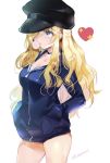  1girl black_headwear blonde_hair blue_eyes blue_jacket bubble_blowing chewing_gum choker emily_(pure_dream) hair_over_one_eye hands_in_pockets hat highres jacket long_hair no_pants original simple_background solo thighs white_background 