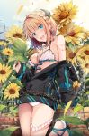  1girl :d aqua_eyes arm_support bangs bare_shoulders bikini black_jacket blonde_hair blue_footwear blurry blush breasts brick_wall bubble cleavage cloud day depth_of_field eyebrows_visible_through_hair flower hair_ornament halter_top halterneck head_tilt hirai_yuzuki holding holding_flower horns jacket leaf leaves_in_wind leg_up long_sleeves looking_at_viewer medium_breasts multicolored_hair off_shoulder open_clothes open_jacket open_mouth original outdoors petals puffy_long_sleeves puffy_sleeves red_hair round_teeth sandals sidelocks skeleton sky sleeves_past_wrists slippers smile solo standing standing_on_one_leg streaked_hair sunflower swimsuit tail tattoo teeth thigh_strap upper_teeth white_bikini yellow_flower 