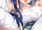  2girls areola_slip areolae bangs bathrobe blue_eyes blue_hair blush breasts commentary_request ezoshika gradient_hair head_out_of_frame kantai_collection long_hair lying medium_breasts multicolored_hair multiple_girls on_back open_clothes open_mouth samidare_(kantai_collection) smile suzukaze_(kantai_collection) sweat very_long_hair 