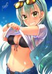  1girl 2019 aqua_hair artist_name bikini bikini_under_clothes black_bikini bracelet breasts cleavage dated day denim denim_shorts earrings eyewear_on_head fingernails front-tie_bikini front-tie_top green_eyes green_nails grin jewelry kantai_collection long_hair looking_at_viewer medium_breasts navel open_fly outdoors shiny shiny_hair shirt shirt_lift shorts sidelocks sky smile solo straight_hair sunglasses suzuya_(kantai_collection) swimsuit teeth upper_body white_shirt yumi_yumi 