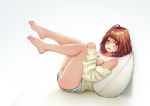  1girl absurdres ahoge artist_request ass bare_legs bare_shoulders barefoot boku_no_hero_academia bra breasts brown_eyes brown_hair commentary_request from_side highres looking_at_viewer lying on_back panties pillow short_hair simple_background solo striped striped_panties striped_sweater sweater underwear uraraka_ochako white_background white_pillow 