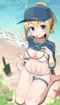  1girl absurdres ahoge artoria_pendragon_(all) bangs baseball_cap beach bikini blonde_hair blue_eyes blush breasts clam_shell cleavage closed_mouth covered_nipples day fate/grand_order fate_(series) from_above hat highres hop3 jacket jacket_over_swimsuit knees_together looking_at_viewer mysterious_heroine_xx_(foreigner) ocean outdoors ponytail popsicle_stick sand short_hair shovel side-tie_bikini sidelocks sitting smile solo swimsuit thigh_gap thigh_strap wariza water white_bikini zipper 
