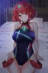  1girl bangs bed black_swimsuit breasts competition_swimsuit covered_navel earrings gem headpiece highres homura_(xenoblade_2) jewelry large_breasts looking_at_viewer noeomi one-piece_swimsuit red_eyes red_hair short_hair solo swept_bangs swimsuit tiara xenoblade_(series) xenoblade_2 