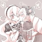 2girls armor closed_eyes closed_mouth corrin_(fire_emblem) corrin_(fire_emblem)_(female) elise_(fire_emblem) eromame fire_emblem fire_emblem_fates from_side grey_background hairband holding_hands long_hair long_sleeves monochrome multiple_girls one_eye_closed pointy_ears simple_background smile yuri 
