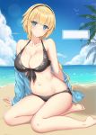  1girl bare_legs bare_shoulders barefoot beach bikini bird black_bikini blonde_hair blue_eyes blue_jacket blue_sky blush braid breasts cleavage cloud collarbone commentary_request day fate/grand_order fate_(series) front-tie_bikini front-tie_top groin hair_ornament hairband halter_top halterneck highres jacket jeanne_d&#039;arc_(fate)_(all) jeanne_d&#039;arc_(swimsuit_archer) large_breasts long_hair long_sleeves looking_at_viewer navel ocean off_shoulder open_clothes open_jacket outdoors palm_tree sand seagull seiza single_braid sitting skindentation sky smile solo swimsuit tree very_long_hair water yuzu-aki 
