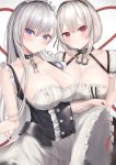  2girls absurdres anchor_choker azur_lane bangs bare_shoulders belfast_(azur_lane) black_dress blue_eyes blush breasts broken broken_chain chain cleavage closed_mouth collarbone dress dress_lift eyelashes frown hair_between_eyes hair_intakes hand_up hands_up heart heart-shaped_pupils highres huge_filesize lace-trimmed_hairband large_breasts lifted_by_self long_hair looking_at_viewer maid maid_headdress multiple_girls short_hair short_sleeves simple_background sirius_(azur_lane) sleeveless sleeveless_dress symbol-shaped_pupils tareme two-tone_dress user_yexh7882 white_background white_dress white_hair 