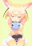  1girl absurdres animal_ear_fluff animal_ears bangs blonde_hair character_doll commentary_request common_raccoon_(kemono_friends) elbow_gloves eyebrows_visible_through_hair fennec_(kemono_friends) fox_ears funakenblue gloves highres kemono_friends medium_hair nesoberi object_hug open_mouth pink_sweater puffy_short_sleeves puffy_sleeves short_hair short_sleeves simple_background sitting skirt solo sweater thighhighs white_skirt yellow_background yellow_eyes yellow_gloves yellow_legwear 
