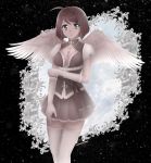  1girl abstract_background ahoge angel_wings bangs bra breasts brown_hair buckle cleavage corset crystal eyebrows_visible_through_hair fantasy gloves grey_eyes jewelry lace lace-trimmed_bra lace-trimmed_legwear lace-trimmed_skirt lace_trim legs looking_at_viewer medium_breasts monochrome necklace nyaaan original pleated_skirt sheer_clothes sheer_gloves sheer_legwear short_hair signature skirt smile solo thighhighs underwear waist_bow wings zettai_ryouiki 