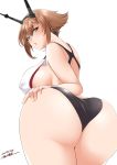  1girl artist_name ass black_swimsuit blush breasts brown_hair competition_swimsuit covered_nipples dated embarrassed from_behind green_eyes hand_on_own_ass headgear highres kantai_collection kiriki_haruomi large_breasts looking_at_viewer looking_back mutsu_(kantai_collection) one-piece_swimsuit open_mouth short_hair sideboob simple_background solo swimsuit two-tone_swimsuit upper_body white_background white_swimsuit 