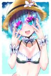  1girl :d bikini_top black_ribbon blue-tinted_eyewear blue_eyes blue_hair breasts choker cleavage collarbone flower hair_ornament hat hat_flower hat_ribbon head_tilt heart heart-shaped_eyewear highres kuroseimu looking_at_viewer medium_breasts navel neck_ribbon open_mouth pink-framed_eyewear pink_ribbon re:zero_kara_hajimeru_isekai_seikatsu rem_(re:zero) ribbon shiny shiny_hair short_hair smile solo straw_hat sunglasses upper_body white_flower wrist_cuffs x_hair_ornament yellow_headwear 