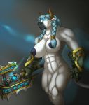  anthro armor axe blizzard_entertainment bovid bovine cattle death_knight featureless_crotch female glowing glowing_eyes hair hi_res horn link2004 mammal melee_weapon mostly_nude muscular muscular_female nipples solo tauren undead video_games walking warcraft weapon 
