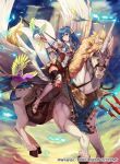  1girl armor bird blue_eyes blue_hair closed_mouth cloud company_name copyright_name fingerless_gloves fire_emblem fire_emblem:_mystery_of_the_emblem fire_emblem_cipher gloves holding kurosawa_tetsu long_hair official_art pegasus pegasus_knight polearm riding sheeda sky smile solo tiara weapon 