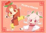  1boy 1girl brother_and_sister character_name chibi chinese_clothes cookie_run double_bun multicolored_hair pants parody peach_cookie pelvic_curtain personification plum_cookie shiro_(tiotolv) short_sleeves siblings signature single_sleeve smile topknot two-tone_hair yellow_pants yie_ar_fan_club_(vocaloid) 