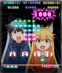  2girls :d animal_ear_fluff animal_ears arcade_cabinet bangs black_gloves black_hair black_neckwear blonde_hair blue_jacket bow bowtie brown_eyes commentary_request controller dl2go emphasis_lines extra_ears eyebrows_visible_through_hair ezo_red_fox_(kemono_friends) followers fox_ears fur-trimmed_sleeves fur_trim gloves grey_hair hair_between_eyes jacket joystick kemono_friends long_hair long_sleeves multicolored_hair multiple_girls necktie open_mouth orange_jacket playing_games reflection silver_fox_(kemono_friends) smile space_invaders two-tone_hair very_long_hair white_neckwear yellow_neckwear 
